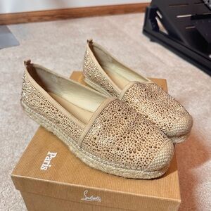 Stuart Weitzman Crystal Embellished Espadrille Flats – Nude/Beige